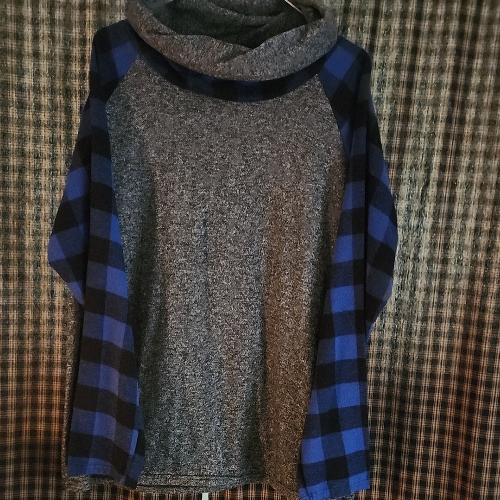 Cozy Hoodie with Blue Plaid Sleeves